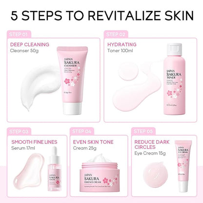 Skin Care Sets for Teenage Girls JAPAN SAKURA Women Beauty Gift Sets Skincare Kit with Cleanser, Toner, Serum, Eye Cream, Face Cream Travel Pamper Sets for Women Gifts,Skin Care Sets & Kits
