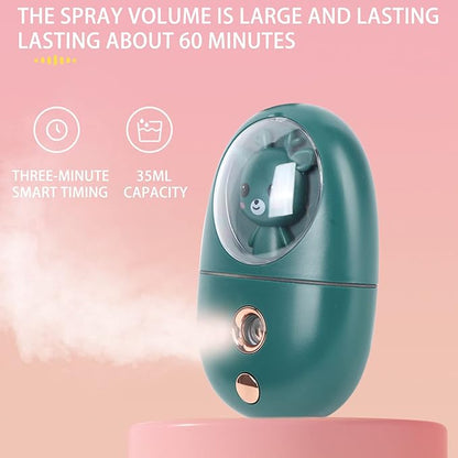 Facial Mist Sprayer, Cute Animal Mini Face Steamer Portable Facial Mist Sprayer Facial Steamer for Travelling 35ml 500mah (Green)