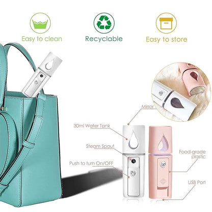 GIVERARE Nano Facial Steamer, Handy Mini Mister with Mirror, USB Rechargeable Mist Sprayer, Visual Water Tank Moisturizing&Hydrating for Face, Makeup, Skin Care, Eyelash Extensions-White