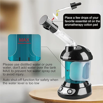 Facial Steamer - DENFANY Nano Ionic Face Steamer with Extendable 360° Rotating Arm - Portable Facial Steamer for Personal Care at Home or Salo (Black)