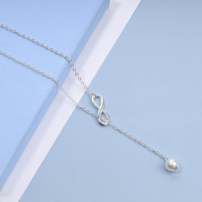 Boho Pearl Infinity Necklace Silver Y Pearl Necklace