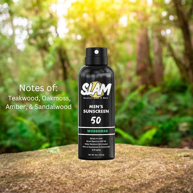 SLAM WoodsMan & BeachMan Bundle - Men's Scented Sunscreen, Sunscreen Spray, Water Resistant Sunscreen, Paraben Free, Broad Spectrum UVA/UVB Sunscreen (Large, 50, Sun Protection Factor (SPF))
