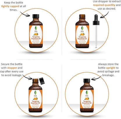 SVA Tangerine Essential Oil – 4 Fl Oz – 100% Natural Tangerine Oil - for Diffuser, Hair Care, Face, Skin Care, Aromatherapy, Scalp and Body Massage, Soap and Candle Making – with Dropper