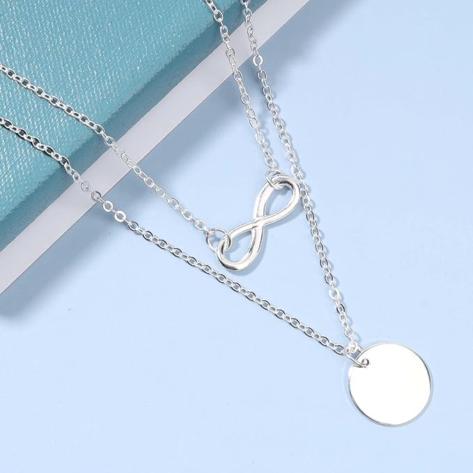 Boho Layered Infinity Coin Necklace Choker Silver Disc
