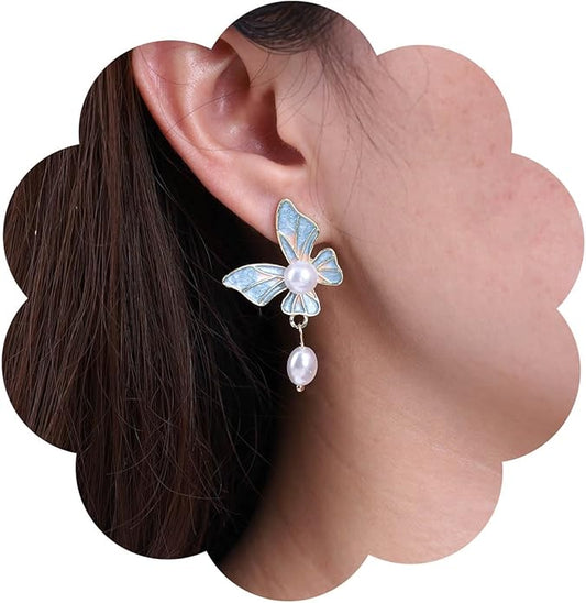 Boho Acrylic Butterfly Pearl Drop Earrings