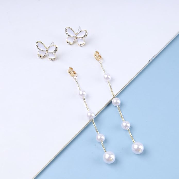 Vintage Crystal Butterfly Pearl Earrings Long