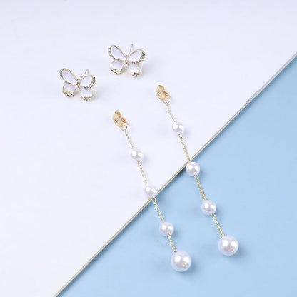 Vintage Crystal Butterfly Pearl Earrings Long