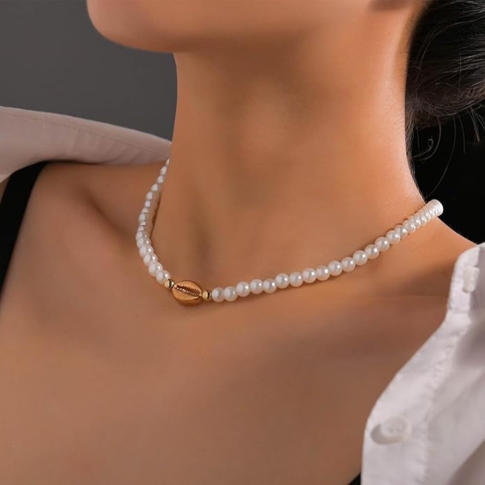 Boho Shell Pearl Necklace Choker Gold