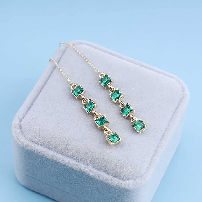 Vintage Crystal Emerald Threader Earrings Emerald Square Stud