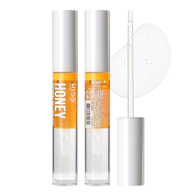Kiss New York 3 PACK Lip Oil Gloss, Hydrating Non-Sticky Lip Oil, 100% Natural Oil Clear Lip Gloss, Lightweight Lip Moisturizer (Gold & Honey & Coconut)