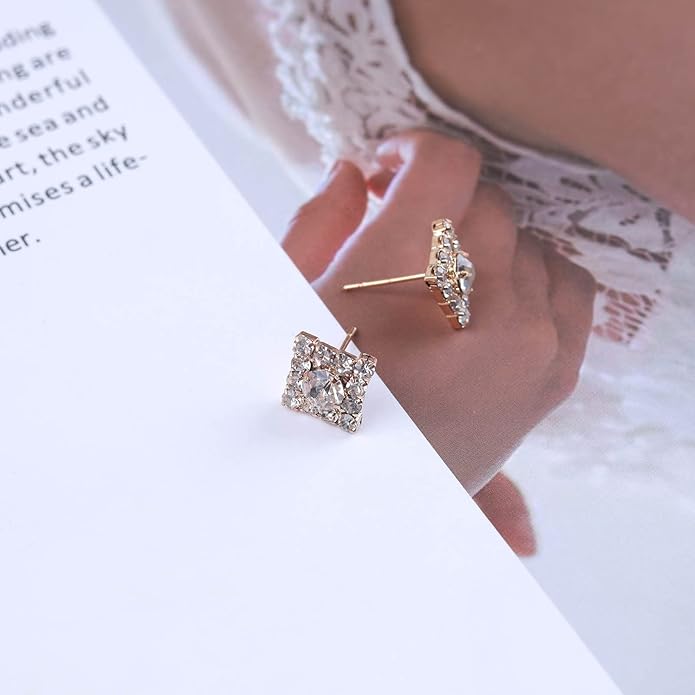 Vintage Crystal Square Earrings Rhinestone Square Stud Earrings