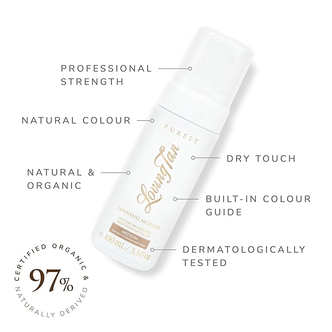 Loving Tan Purest Tanning Mousse NEW, Medium - Sunless Tanner Made From 97% Certified Organic & Naturally Derived Ingredients - Up to 5+ Self Tan Applications Cruelty Free, Vegan Friendly - 3.3 Fl Oz
