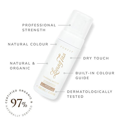 Loving Tan Purest Tanning Mousse NEW, Medium - Sunless Tanner Made From 97% Certified Organic & Naturally Derived Ingredients - Up to 5+ Self Tan Applications Cruelty Free, Vegan Friendly - 3.3 Fl Oz