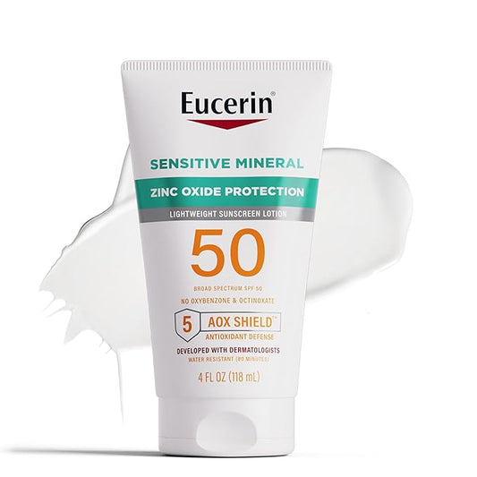 Eucerin Sun Sensitive Mineral Sunscreen Lotion SPF 50, Hypoallergenic, Fragrance Free Sunscreen with Zinc Oxide Protection, 4 Fl Oz Tube
