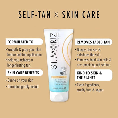 St Moriz Pre-Tan Skin Primer for Self Tanner- Exfoliating Fake Tan Primer - Preps & Primes Skin for Long-Lasting Tan - Deep Cleansing Foaming Exfoliator for Self Tan (6.76 fl oz)
