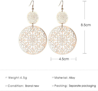 Filigree Hollow Disc Dangle Drop Earrings Boho Gold