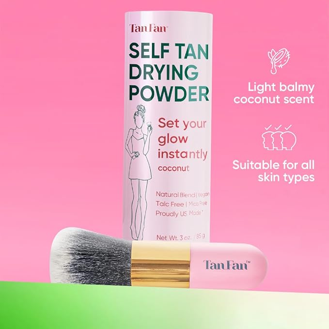 Self Tan Drying Powder Kit - Stops Sticky Feeling - Sets Sunless Tanner - 100% Vegan Talc-Free Translucent Natural Blend Setting w Brush + Pouch For Smooth Silky Skin - USA Made (Coconut 3oz)