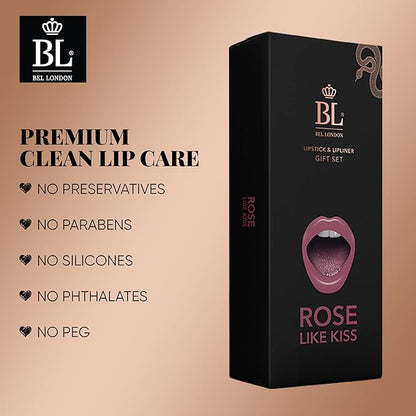 BL Color Matched Lip Liner & Lipstick Set (Rose) - Full-Coverage Argan Long Lasting Lipstick and Lip Liner Set With Natural Oils for Nourishment, Hydration, & Protection - Chemical-Free