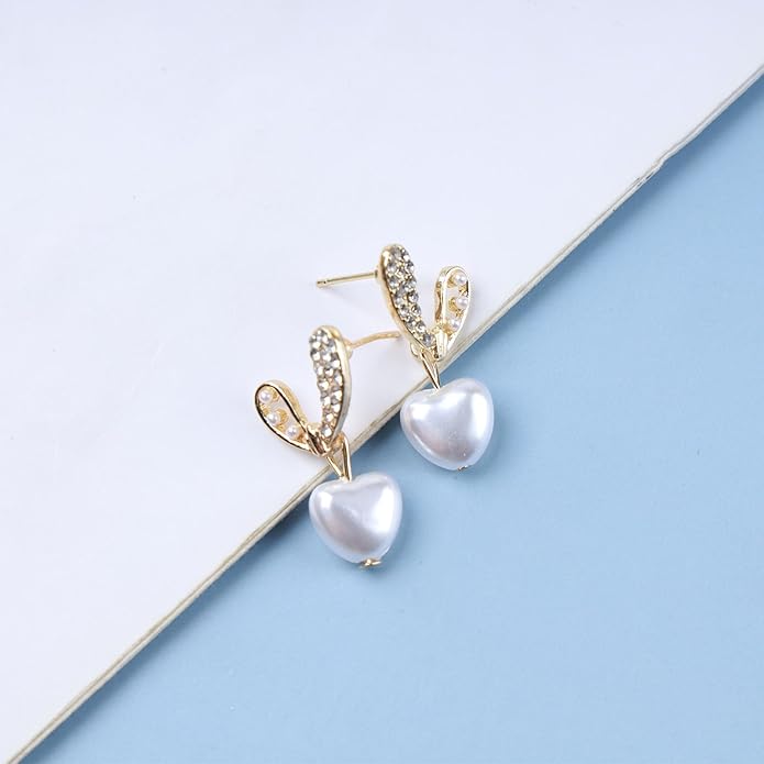 Vintage Pearl Heart Drop Earrings Rhinestone