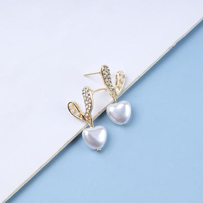 Vintage Pearl Heart Drop Earrings Rhinestone