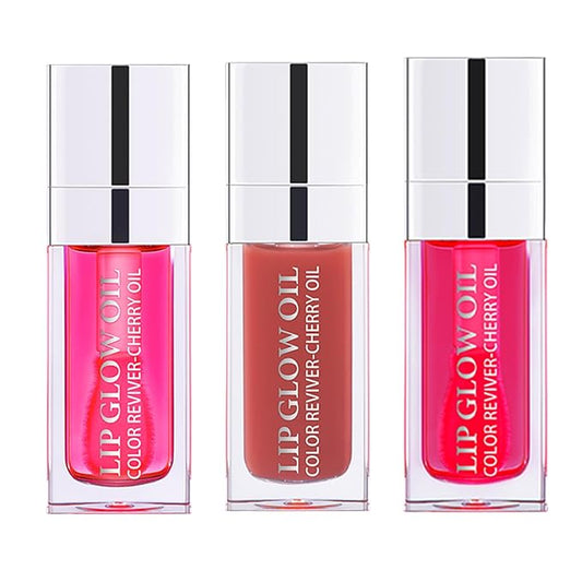 Plumping Lip Oil(3 Pcs), Hydrating Lip Gloss Tinted Lip Balm Transparent Lip Care, Big Brush Head Glitter Shine, Long Lasting Nourishing Non-sticky Fresh Texture, Cherry+Rosewood+Raspberry