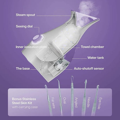 NanoSteamer Large 3-in-1 Nano Ionic Facial Steamer with Precise Temp Control - Humidifier - Unclogs Pores - Blackheads - Spa Quality - Bonus 5 Piece Stainless Steel Skin Kit (Lilac)