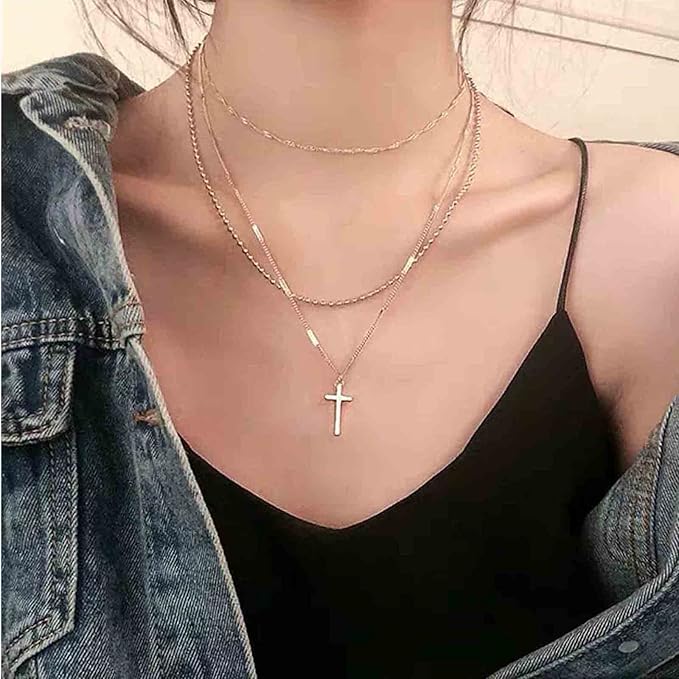 Boho Layered Cross Necklace Choker Gold