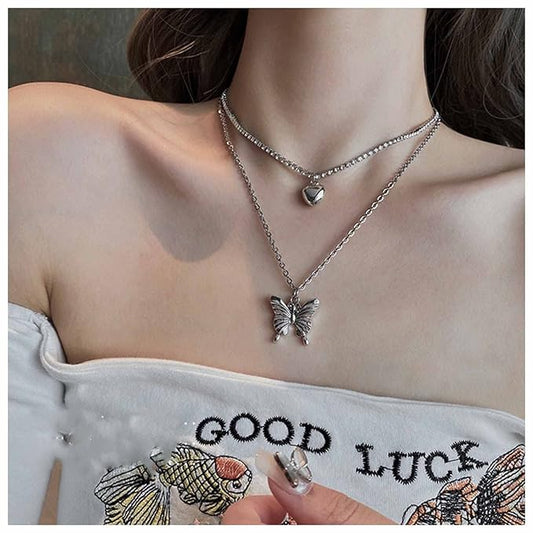 Punk Layered Butterfly Choker Necklace Rhinestone