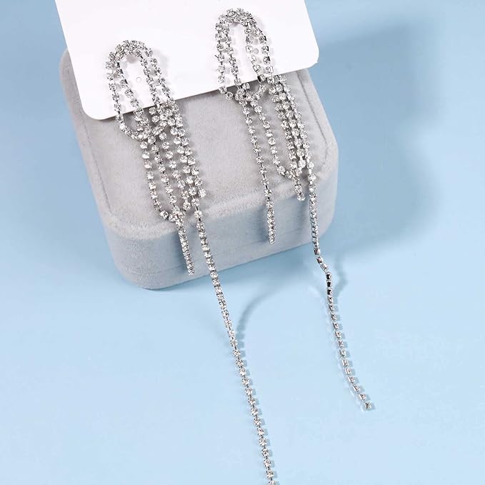 Rhinestone Tassel Ear Jacket Earrings Long Rhinestone Chain