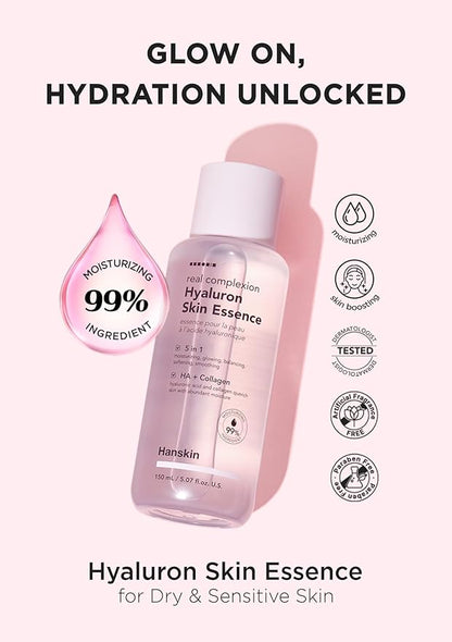 Hanskin Real Complexion Hyaluronic Skin Essence, Hydrating Toner for Dry, Dull, Sensitive Skin - Hyaluronic Acid Collagen Moisturizing Purifying Paraben-Free Korean Skincare for Face [5.07 fl. oz.]