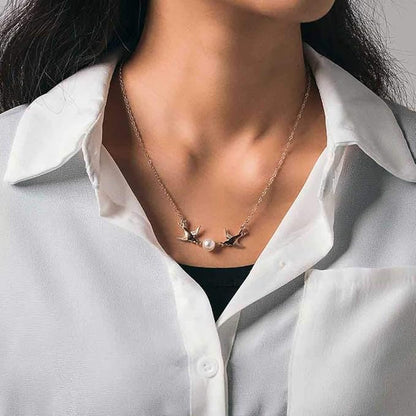 Vintage Pearl Necklace Long Birds Necklace Chain Pendant