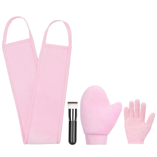 UNIMEIX 4 Pack Self Tanning Mitt Applicator Kit Set Self Tan Back Applicator with Self Tanning Glove for Self Tan Mitt Mini Self Tan Glove and Sunscreen Brush (Pink)