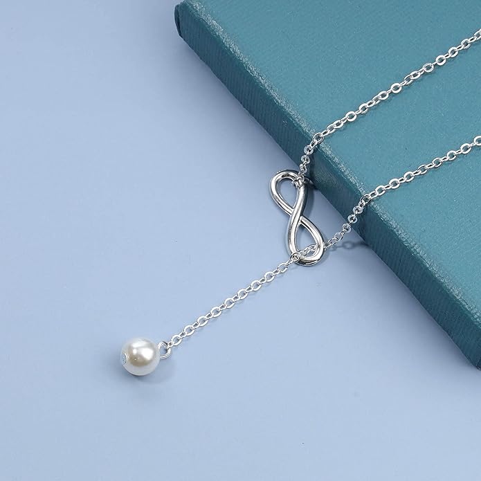 Boho Pearl Infinity Necklace Silver Y Pearl Necklace