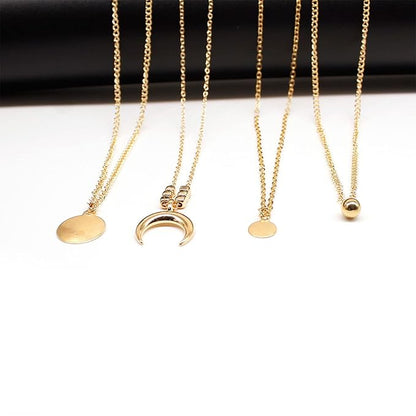Bohemia Layered Coin Choker Necklace Moon Crescent Pendant
