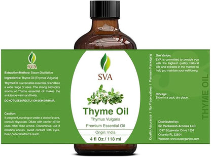 SVA Thyme Essential Oil – 4 Fl Oz – 100% Natural Thyme Oil - for Diffuser, Hair Care, Face, Skin Care, Aromatherapy, Scalp and Body Massage, Soap and Candle Making – with Dropper