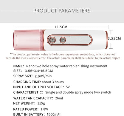 Nano Facial Mister, Cool Mist Face Steamer with 2 Spray Nozzle, USB Rechargeable, Visual Water Tank, Nano Mister for Eyelash Extensions, Skin Care, Daily Makeup, Deep Hydrating-Pink