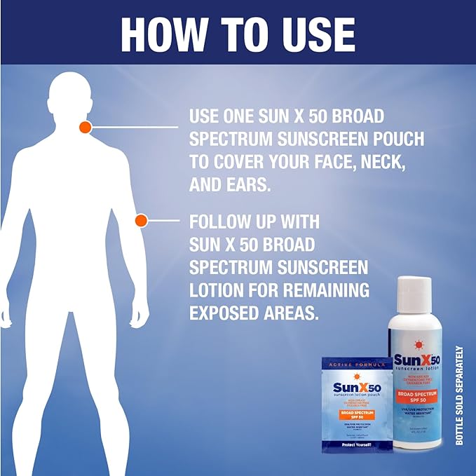 Sun X 50 SPF Individual Sunscreen Packets Travel Size - Pack of 50 Paraben, Oxybenzone, & White Cast Free Broad Spectrum SPF Sunscreen Packets - Water & Sweat Resistant For Up To 80 Minutes