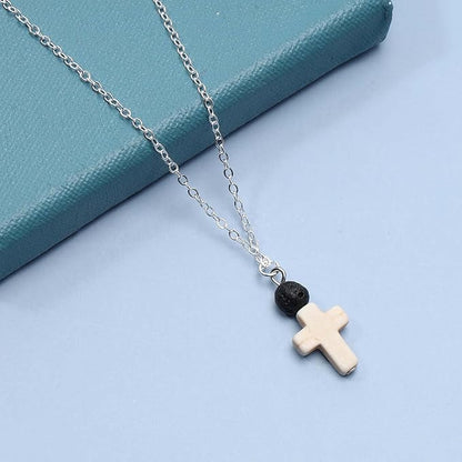 Boho Cross Pendant Necklace Black Lava Bead Choker