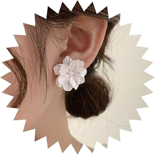 Unique Large White Flower Earrings Studs