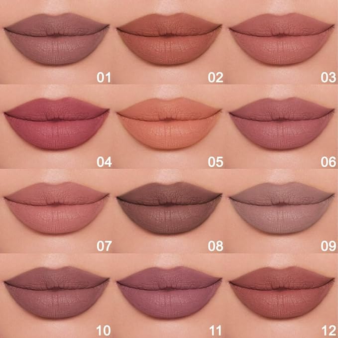 12 Pcs Natural Nude Brown Beige Colors Lip Liner Lipstick Pencils Set for Daily Makeup,Easy to Apply & Remove,Waterproof (set08)