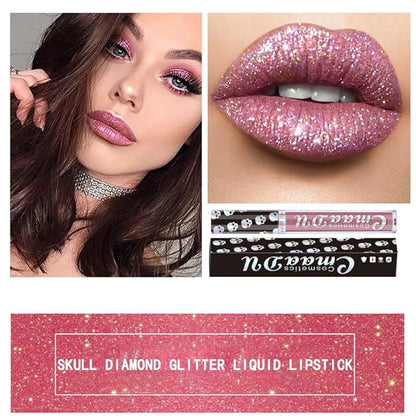 AKARY Shimmer Liquid Lipstick Long Lasting, Skull Diamond Metallic Shiny Glitter Glossy Shimmery Finish Waterproof Lip Gloss for Women, High Pigmented Nonstick Cup Lipstick Makeup for Lips, 08