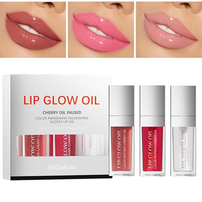 3 Set Lip Oil Hydrating Tinted Lip Balm, Plump Lip Gloss Lip Care Transparent Toot Lip Oil Tinted, Fresh Texture & Non-sticky, Nourishing Repairing Lip Lines Lip Care Products (Set B)
