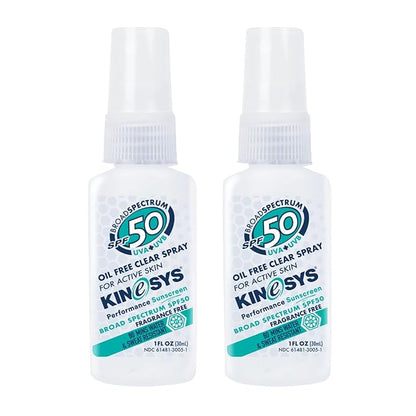 KINeSYS Fragrance Free Clear Spray Sunscreen for sensitive skin, SPF 50, Hypoallergenic, Broad Spectrum UVA/UVB protection Face & Body; PABA and Oxybenzone FREE, 170+ Sprays, 1 Fl Oz/30 ml (Pack of 2)