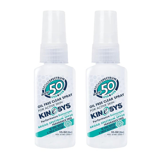 KINeSYS Fragrance Free Clear Spray Sunscreen for sensitive skin, SPF 50, Hypoallergenic, Broad Spectrum UVA/UVB protection Face & Body; PABA and Oxybenzone FREE, 170+ Sprays, 1 Fl Oz/30 ml (Pack of 2)
