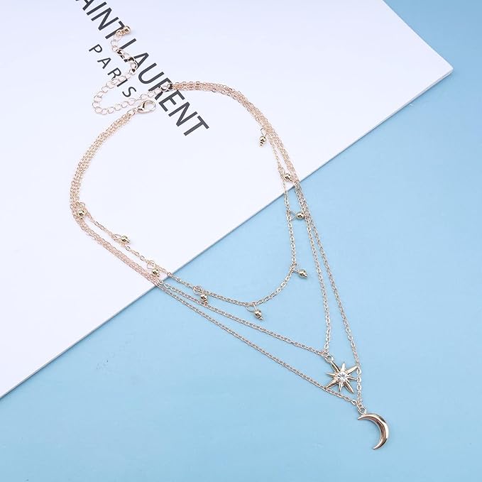 Bohemia Layered Star Choker Necklace Crescent Moon Pendant