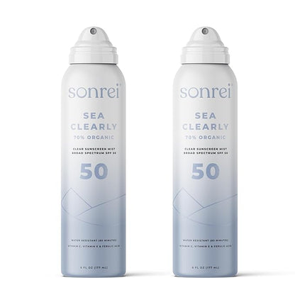 Sonrei Sea Clearly® Organic Mist Sunscreen | SPF 50, Broad Spectrum, Water-Resistant | Vegan, Non-Greasy | Ideal for Face & Body | 6 Fl Oz (Pack of 2)