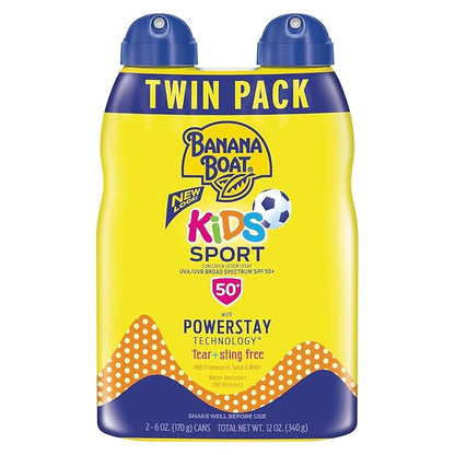 Banana Boat Kids Sport Sunscreen Spray SPF 50, Twin Pack | Kids Sunscreen Spray, Kids Sunblock Spray, Oxybenzone Free Sunscreen for Kids, Spray Sunscreen SPF 50, 6oz each