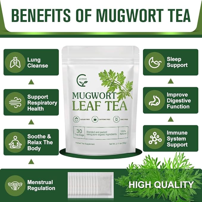 Organic Mugwort Tea Bags - Mugwort Herb Dried Leaves, Pure Natural Artemisia Vulgaris Herbal Tea, Caffeine Free, 30 Tea Bags