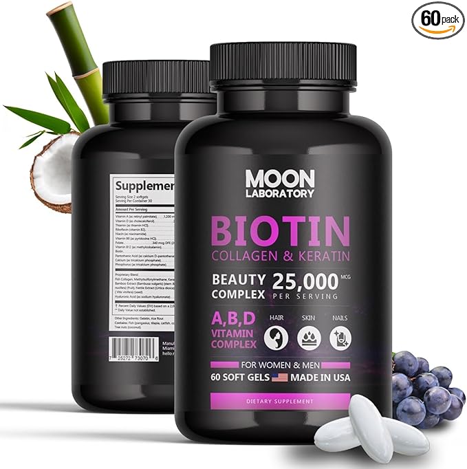 Premium Biotin 5,000 mcg Beauty Complex with Collagen, Keratin, Hyaluronic Acid, Vitamin A, D3, B-Complex, Calcuim & Coconut Oil. Hair Growth, Nails, Skin. For Men & Women. 60 Softgels