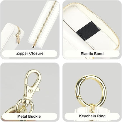 Bocasal Leather Lipstick Case Holder Chapstick Keychain Pouch, Zipper Lip Balm Lip Gloss Bag for Purse with Key Chain Elastic Band, Makeup Travel Organizer, Cosmetic Storage Kit for Women Girl (White)